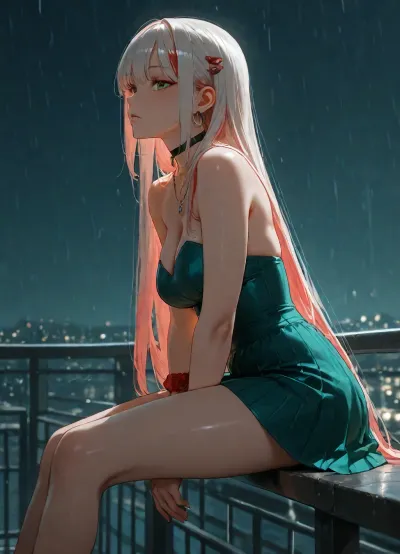 girl alone, (cold green color-grading), cold green tone lighting, (light red hair), long straight red color hair, white hair, strapless mini dress, green dress with vertical stripes, on long bridge, perfect body, skinny, medium breasts, (red scrunchie on one wrist), black choker necklace, large thin hoops, (big green eyes), asian face, sitting on railing parallel to it, legs on railing, side view, short red shorts, (arms between legs), adult, neutral skin tones, nighttime, raining