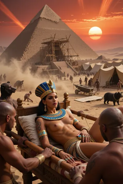 Masterpiece, ultra-photorealistic cinematic realism, historically inspired ancient Egypt at sunset, rendered with monumental scale and uncompromising detail. In the extreme foreground, a 23-year-old Pharaoh queen reclines gracefully inside an ornate wooden palanquin, resting on layered silk cushions while shaved-headed royal bearers carry the litter on long wooden poles across their shoulders. Their backs, hands, shoulders, and partially visible heads clearly convey weight, movement, and procession, yet the queen remains the absolute focal point, slender, athletic, regal, deep bronze skin, subtle ceremonial tattoos, tack-sharp eyes, visible pores, realistic skin microtexture, crisp eyelashes, detailed lips, lifelike hands, monumental blue-and-gold crown, turquoise-and-gold collar, heavy armlets, bracelets, rings, gemstones, and finely woven royal linen. No fans, no palm fronds. Behind her rises a colossal half-finished pyramid with exposed stepped core, incomplete casing stones, ramps, scaffolding, timber lifting frames, sledges, ropes, workshops, carts, animals, scribes, masons, carpenters, and thousands of laborers spreading across an immense construction zone and tent city. The air is saturated with windblown sand and dense suspended dust, glowing like bronze mist. A low, blazing, ember-red sun hangs above the horizon, shimmering through severe desert heat haze. Its light fractures through the dusty atmosphere in dramatic volumetric shafts, fiery god rays, glowing halos, and streaks of amber-red illumination. Deep underexposure, crushing shadows, fierce highlights, razor-sharp facial focus, extreme micro-contrast, cinematic HDR, rich tonal separation, controlled bloom, atmospheric perspective, subtle film grain, 35mm full-frame optics, shallow depth of field, epic visual tension. Museum-grade texture fidelity, scorching atmosphere, immense depth, breathtaking cinematic grandeur, timeless.