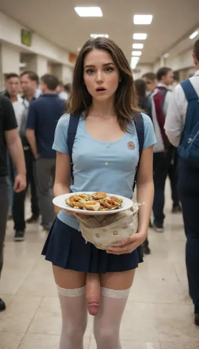 Beautiful, 26 year old, super big thick swollen enormously oversized veiny penis futanari in a crowded school cafeteria, standing in the busy cafeteria holding a lunch tray with food, in view of her classmates, her classmates looking at her, stockings, ryanair, super uber big low hanging veiny penis, large heavy low hanging testicles, students walking to class in the background, cum overflowing, cumshot, cum explosion, cum dripping, cum covered, upskirt, short mini skirt, perfect beautiful face, pretty model face, long eyelashes, luscious lips, freckles, blushing cheeks, petite body, long hair, braless, carrying a backpack, Wearing, clothes, that, make, sense, with, Braless>, shocked and embarrassed facial expression, nonplussed, Object, gd, erection, sex, toy, large, penis, <lora:bralessSDXL_v1_00022:2>, <lora:shocked:1.1>, <lora:Penis_XL:2>, <lora:futanari_XL:2>, <lora:xpenis-1.5e:2>