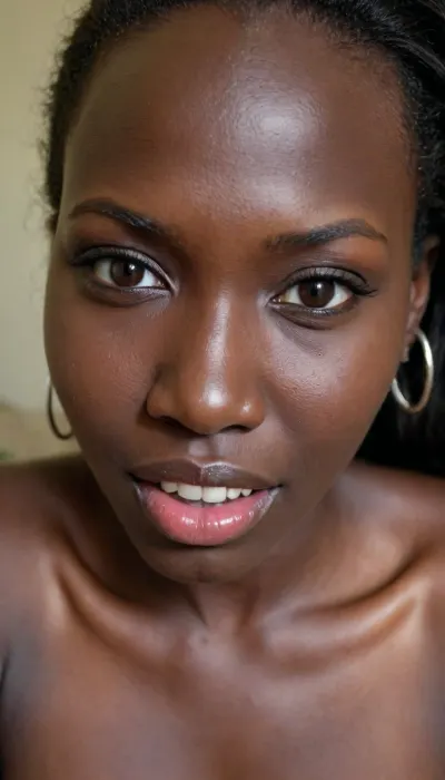 30 YEAR OLD SOUTH SUDAN BIMBO SLUT, VERY EXTREMELY EXTREMELY CLOSE UP, FACE & BREASTS DIRECTLY IN VIEWERS FACE, FACE TO FACE, DIRECTLY IN FRONT OF VIEWER, VERY CLOSE UP, BENDING FORWARD, DARK BLACK FACE, VERY DARK BLACK SKIN, NO SHADOWS, LONG NATURAL BLACK HAIR, BROWN EYES, BIG BIMBO LIPS, SMILING, SLUT, IN DARK BEDROOM, WOMAN DIRECTLY IN FRONT OF VIEWER UP CLOSE, NUKED, PERFECT FACE, LUSTFUL APPEARANCE