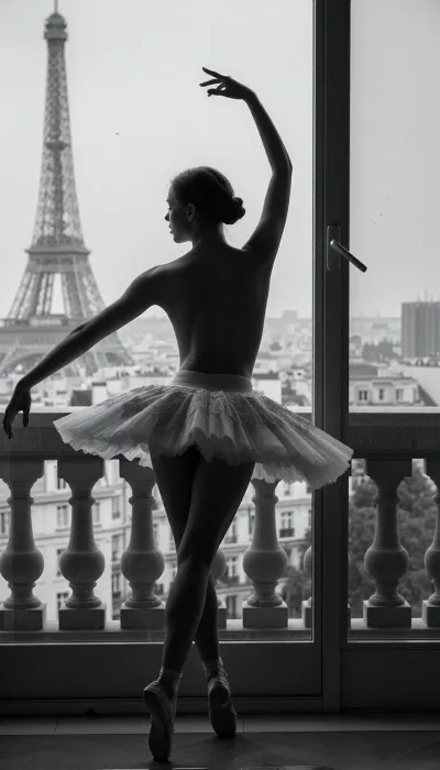 A stunning black and white photograph of a graceful ballerina captured from behind, standing on her tiptoes with arms elegantly extended. She wears a classic, layered tulle ballet tutu and pointe shoes. The ballerina is positioned in front of a large window or balcony, with a panoramic view of the Paris skyline in the background, featuring the prominent Eiffel Tower towering over the cityscape. The lighting is soft and cinematic, emphasizing the silhouette of the dancer and the iconic architecture of Paris. The image has a timeless, artistic, and melancholic atmosphere, fine art photography style, high detail.