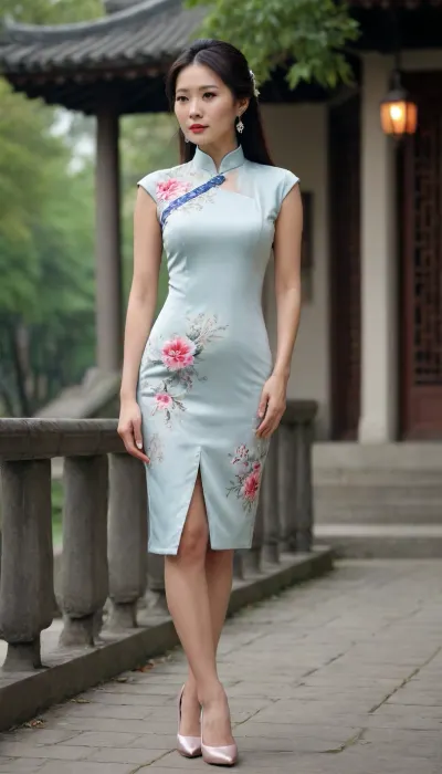 In the front, a 50 years old Chinese woman with long flowing hair is elegantly standing outdoors. She is wearing a short Chinese-style qipao, which makes her figure more slender. Her long hair falls naturally, adding a touch of feminine beauty. Her posture is elegant and calm. She wears simple large earrings, which add brilliance to the overall look. She wears a pair of pointed stiletto heels on her feet, and the delicate and slender heels show her fashion taste.
