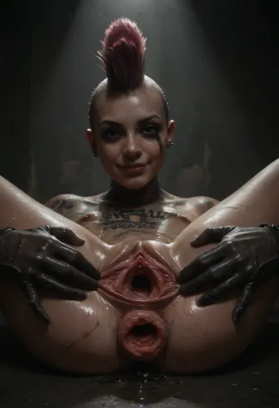 dirty oily punk girl lying naked at industrial location, punk gloves, rich in contrast, (dark industrial location:1.4), spotlight on girl leaning against machine, (machine oil on skin:1.1), (oiled glossy shiny skin:1.3), scratch marks on skin, wearing steampunk clothes, tattoos on body, Brown eyes, (colored Mohawk haircut:1.3), (angled leg exposes wet pussy), (showing gaping vagina:1.5), (big shaved open pussy), (seductive smile:1.5), (flirting face:1.5), (closed mouth:1.5), (dripping vagina:1.8), (anal prolapse:1.5), (spread pussy:1.5), hi-detailed pussy, perfect pussy, ((hyper gaping pussy, hyper gaping vagina, maigre, musclé, seins visibles, pussy visibles, big clitoris visibles, seins nus, HDR pussy, hyper spread pussy, doing standing gymnastics, hyper pussy juice dripping)), (thick lubricant is dripping everywhere:1.8), <lora:dark:.3>