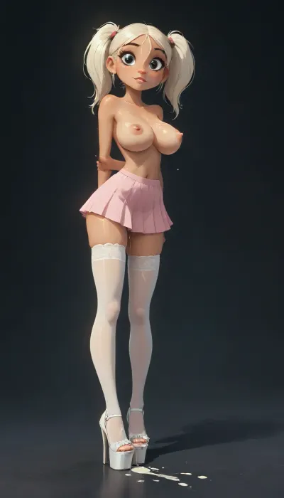 Jack Cayless art style, 18 years old woman, front low view, full body view, stand, cute, petite girl insanely sexy petite body, slender body, total black background, flash photography, showing off her beautiful body, perfectly huge breasts, nude breasts, (white stockings), short skirt, (white high heels with platform:1.5), ((blonde platinum hair twintails)), (cum on shoes:1.5), sweetegl, sweetop, swe3tjsk, j_cartoon, <lora:SweetLolitaXLv4.23:.8>, <lora:Animated_Concept:.8>, <lora:J_cartoon:.8>