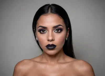 a modern photo of a latin woman, looks like candela skin, dark skin, round shape face, big lips, make up, goth, black lipstick, button little nose, latin skin, big eyes, black eyes, long straight hairs, black hairs, beautiful face, nude, big tits, entire tits, realistic, modern, intricate, masterpiece, sharp focus, dramatic, soft lighting, high res, <lora:Latin_girl:.7>