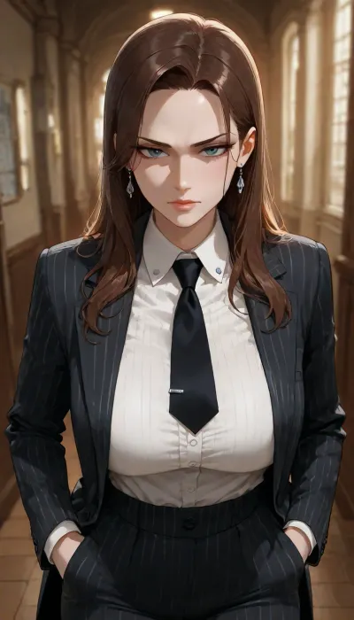 masterpiece, best quality, absurdres, newest, highres, very aesthetic, 1girl, solo, mature female, adult, cillian murphy genderbend, female cillian murphy, sharp facial features, high cheekbones, piercing blue eyes, beautiful detailed eyes, pale skin, short dark brown hair, 1940s hairstyle, intense gaze, looking at viewer, strict 1940s three-piece suit, tailored suit jacket, waistcoat, white dress shirt, necktie, high-waisted trousers, formal attire, pinstripe suit, elegant, androgynous beauty, standing, confident pose, hands in pockets, cinematic lighting, soft rim light, depth of field, detailed background, office interior, 1940s atmosphere, intricate details, highly detailed, detailed face, detailed eyes, detailed clothing