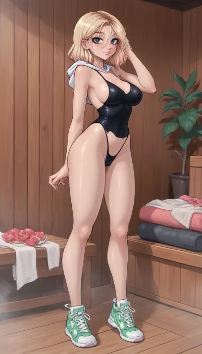 (innv meets jack cayless style), (reiq style, masterpiece, cel-shaded, limited color palette), ((Beautiful Sexy spider Gwen Stacy from marvel rivals game body)), (1girl, solo, alone, 21 year old woman), ((1girl, solo, alone, 21 year old woman body)), (blonde with pink tips), (gorgeous, seductive face, mature, ads, perfect breast, perfect hands, perfect legs, small waist, thick thighs, hips, big ass, sweaty body), (sweaty tight small white pink black spandex bar), (tight small white pink black spandex thong), (green tennis shoes with white laces), (white pink black spandex Gwenom hood), (standing tomboy workout pose), (sauna, steam, summer, beach, tropical, flowers, plants, sauna background), ultravio let light, LoL, Style, ratatatat74, 0zy, <lora:mk_Bp Anime_xl:2>, <lora:cartoon_stickers_xl_v1:2>, <lora:ratatatat74-000050:2>, <lora:0zy:2>