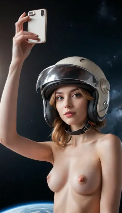 (photographic:1.3), (RAW photo:1.3), (ultra wide lens:1.3), (far shot:1.3), (selfie shot:1.3), (nude woman selfie floating on space:1.3), (helmet on:1.3), (infinite space behind him:1.3), (no gravity:1.1), soft lighting, film grain, Fujifilm XT3, dslr, masterpiece, best quality, realistic, high-quality, realistic works, ultra-high details, 8k uhd, real skin material