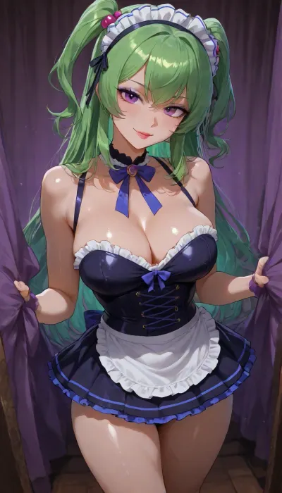 (oblique angle, Focus on cute dynamic pose highlighting her body curves), (((PUrple and blue French maid costume athlete skirt corset dress covers firm breasts but has a short hem, lithe fit athletic body))), ((firm medium breasts)), purple blue goth babe, (cute blue forest), ((sultry bitchy smile)), Dark eyeliner, long lashes, Purple eyeliner, red lipstick, 25 years old cutie, muscular toned fit girlfriend, (short petite height), warm strong lighting, thick blue eyeliner, strong athletic firm tits covered by dress, small firm size tits, neon green lovehotel, LHbedpanel, <lora:Lovehotel_SDXL_V1:.8>