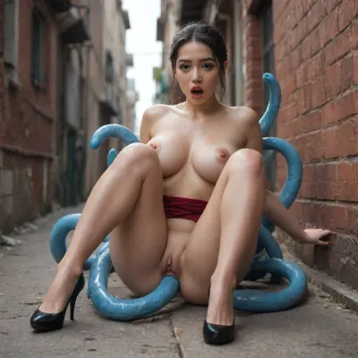 Elegant asian girl, huge very big naturals mom tits, very smal waist, huge very big ass, large elegant black heels, exited, surprised, scared, oil body, inocent and pervert face, red lips, makeup, vaginal red lips, red nails, eyeshadow, perfect slim abdomen, thick thighs, thin arms, black annus, Completely constricted by aggressive-looking blue tentacles, dark alley, double anal penetration by large agressive tentacles, slimy tentacles