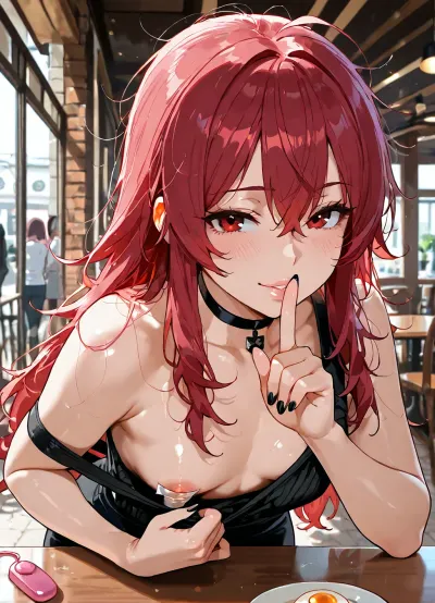 pink red hair, messy hair, fair skin, red eyes, flat chest, breasts, black choker, long hair, black nails, mature female, pov across table, leaning forward, pulling own clothes, shirt pull, no bra, vibrator on nipple, egg vibrator, nipple slip, p, shushing, public, cafe, public vibrator, egg vibrator taped to nipple, motion lines