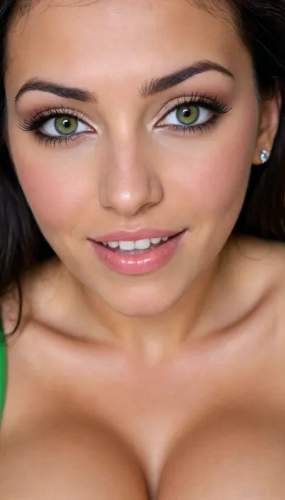30 YEAR OLD EGYPTIAN BIMBO SLUT, VERY EXTREMELY EXTREMELY CLOSE UP, FACE & BREASTS DIRECTLY IN VIEWERS FACE, FACE TO FACE, DIRECTLY IN FRONT OF VIEWER, LARGE BIG BOOBS, VERY CLOSE UP, BENDING FORWARD, TANNED FACE, VERY TANNED SKIN, GOOD LIGHTING, LONG NATURAL BLACK HAIR, BRIGHT GREEN EYES, BIG BIMBO LIPS, SMILING, SLUT, IN BEDROOM, WOMAN DIRECTLY IN FRONT OF VIEWER UP CLOSE, NUKED, PERFECT FACE, LUSTFUL APPEARANCE