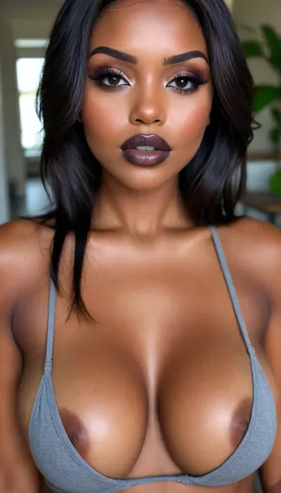 Insanely detailed photo of an 28 years old latin woman, dark skin woman, ((curvy body)), Close-up girl, ((round face)), (((brown skin))), (((full lips))), (((grey lipstick))), small cute nose, standing, face, (((round elastic medium breasts))), (((straight hair))), (((black iron-flattened hair))), (((oiled skin))), (detailed black eyes), (((slut makeup))), round earrings, green necklace, long big thick, (high resolution image), (perfect face), sexy, beauty, (ultra realistic:1.7), (maximum quality:1.5), (high resolution:1.7), (extreme detail:1.5), (ultra realism:1.6), 8k, he, photo was taken by Canon Eos, (maximum detailed skin:1.6), (((I was offended))), melanin, <lora:BUT_SDXL_SHS:.8>, <lora:melanin-XL:2>