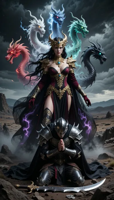 The majestic goddess Takhisis, (Dragonlance, AD&D), standing proudly in the center of a barren, rocky landscape beneath a stormy sky, with long, flowing black hair cascading down her back, pale porcelain skin, a sharp, beautiful face with a cold, solemn expression, wearing a golden crown with dragon horns, an exquisite dark red and black gown with intricate gold filigree embroidery, a deep neckline, and an ethereal cape blending into black-and-purple magical smoke, velvet gloves, heavy gold bracers and shoulder guards, and a massive gold necklace around her neck. Behind and above her rise five ethereal dragon heads with long necks—red, white, blue, green, and black—with brightly glowing eyes. In the foreground, a warrior in spiked Gothic armor, wearing a helmet that covers the upper part of his face and a dark cloak, kneels on the stony ground, his head bowed deeply in submission. His hands are clasped in a prayerful gesture, before him lies a heavy sword with a curved blade of intricate design. The impressive three-dimensional lighting, heavy dark clouds, cinematic composition, epic atmosphere of dark fantasy, and highly detailed textures make this a true masterpiece.