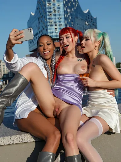 3 Asian African girls, Korean, Chinese, Japanese, doing a funny selfie shot with iPhone 17, they are wearing satin mini dresses with long boots and wet shirt, they have long hair and braided pigtailed and ponytail hair, silver, lilac and red white green hair, flat chested, tattoos, luxury perfect makeup, they sitting together at the elbphilharmony, (one leg up:2), Harbour, outside, Hamburg, public, perfect architecture, sunshine, nice light, drinking cocktails, hug, smiling and talking, spread open legs with stockings, (crowd:1), (show gaping pussy:6)