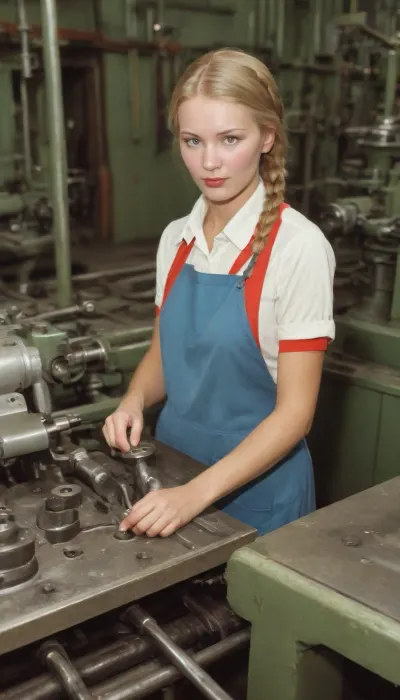 very pretty russian silver blonde as a factory worker, two long braids, (blue naive eyes), at the lathe, the working process in the factory workshop, 1970s photo from soviet magazine, (1970s USSR setting and entourage:1.9), (full-body view)