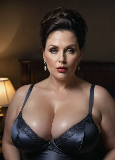 overweighted plumper milf, very pale skin, (attractive chubby face), 50yo, mature milf, rich, jewlery, mesmerizing eyes, detailed greyish iris, wide jawline, perfect glossylips, flushed cheeks, soft broad shoulders, Fatty, seductive teasing open mouth, full cup bra, ((fat squeezed cleavage)), updo hair, fully clothed, perfect lighting, professional portrait, close-up, highress, ultra quality, dark bedroom in background, warm reading light from the cupboard, drkfntasy, <lora:xl_more_art-full_v1:1.3>, <lora:runga_8.1-000002:.1>, <lora:dark:.8>, <lora:darkfantasystyle:.8>