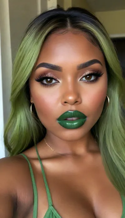 Insanely detailed photo of an 28 years old latin woman, dark skin woman, ((curvy body)), Close-up girl, ((round face)), (((brown skin))), (((full lips))), (((green olive lipstick))), small cute nose, standing, face, (((round medium breasts))), (((straight hair))), (((green olive hair))), (((oiled skin))), (detailed black eyes), (((slut makeup))), round earrings, green necklace, long big thick, (high resolution image), (perfect face), sexy, beauty, (ultra realistic:1.7), (maximum quality:1.5), (high resolution:1.7), (extreme detail:1.5), (ultra realism:1.6), 8k, he, photo was taken by Canon Eos, (maximum detailed skin:1.6), (((I was offended))), melanin, <lora:BUT_SDXL_SHS:.8>, <lora:melanin-XL:2>