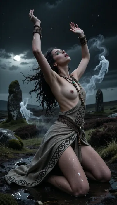 Cinematic, dark fine-art photograph, captured in full-frame format using a Leica Noctilux-M 50mm f/0.95 lens. Shot on Kodak film, rendering a range of deep grays, dense blacks, and dramatic contrast. Exceptional optical clarity in the foreground, a highly textured and atmospheric look, and 8K definition, themed "I pray to the spirits of the night!"

A medium shot of an Irish druidess kneeling in the damp earth of a windswept Celtic moor. Her body taut with spiritual ecstasy, she arches her torso backward, head thrown back and arms raised toward the night sky in a posture of total invocation, her perfect hands, rendered with precision, held towards the sky. Her face, with fine, angular features, bears an expression of mystical trance, her eyes—wide open and filled with deep ecstasy—reveal green-emerald irises. Her lips are parted, chanting an invocation to summon the spirits. Long, dark, tangled hair whips around her face, interwoven with small, rustic braids and wooden beads. She wears a ritual robe of heavy, raw linen—edged with hand-embroidered Celtic runes—that is soaked with dew at the knees.

All around her, the night comes alive in a supernatural way, the spirits of the night are like clouds of smoke, vaguely human in shape, their spectral form floating in the air, circling her silhouette.

The setting is a wild landscape on Ireland's west coast, ancient, moss-covered standing stone circles stand out against the horizon, surrounded by dark heather and rugged rocks. The night is dark and stormy, yet the moon remains visible through the clouds.

The scene is illuminated solely by the cold, pallid light of a full moon breaking through menacing clouds, combined with the ghostly glow of spirit-shadows casting spectral reflections upon the druidess's skin and the rain-soaked ground. It is a masterful display of chiaroscuro—an atmosphere at once sacred, and visceral, evoking the mystical paganism of a Yeats poem.