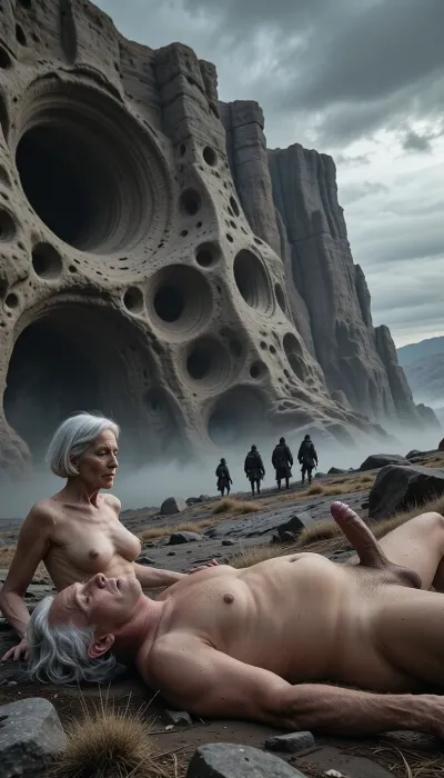 In an outdoor bedroom, an old obese man with a very enormous belly and dishevelled white hair lies on his back. His penis is erect. A naked elderly woman, 90 years old. Her skin is that of a woman her age, deeply wrinkled, (small, long, sagging breasts, thin skin), . She has a bob haircut. a wide-angle, cinematic shot of a vast, desolate alien landscape. A massive, towering cliff face dominates the frame, textured with irregular, smooth, eroded circular caverns and holes, creating an organic, porous, honeycomb-like appearance. At the base of the cliff, a small group of silhouetted figures in dark, weathered traveling gear walk across a rocky, rugged terrain covered in sparse, dry patches of vegetation. Ethereal, low-hanging mist and fog cling to the ground, obscuring the base of the rock formation. The sky is overcast with heavy, dramatic gray clouds, casting soft, diffused, gloomy light over the scene. Photorealistic, high contrast, dark fantasy atmosphere, intricate rock textures, sweeping scale, masterpiece, 8k, cinematic lighting, sharp focus, epic composition.
