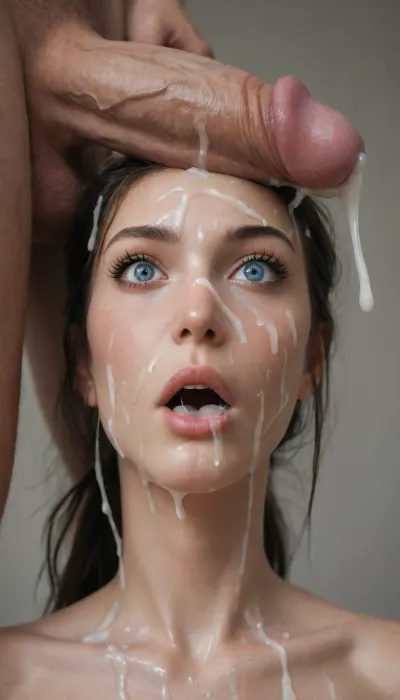 1/2 body shot of a happy 23yr old bombshell with a long face, (female supermodel with a long face), (massive boobs:1.1), ((one man’s large penis spurts excessive semen on her long face and huge tits:1.5)), short dark brown hair in a ponytail, thin, toned body, (excessive cum on face), covered in semen, <lora:CinematicStyle_v1:.8>, one, sexy, woman, shocked, by, huge, cock, cockshock, <lora:cockshock:.8>