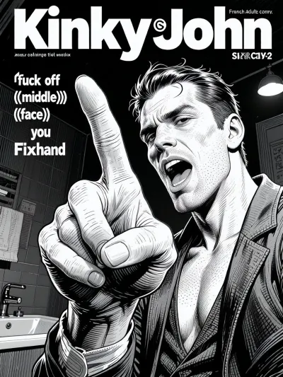 Mgazine "Kinky John" §, (fuck off gesture), (((middle))), ((face)), (fuck you gesture), Fixhand, (detailed monochrome pen and ink sketch:2), extremely stylized background, An illustration in a bold, graphic style, ultra-realistic, (Sin City), dim lighting, bath room. The artwork uses soft-contrast linework and cross-hatching for texture and depth, with a stark, graphic quality reminiscent of French adult comix. The lighting is implied through strong shadows and line work, creating a dramatic, theatrical mood. The overall style is illustrative, with exaggerated proportions and a focus on narrative and character interaction. low angle, close up, POV