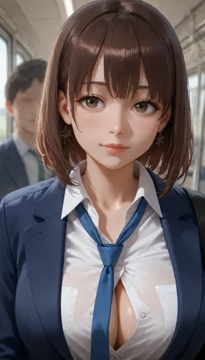 (RAW photo, realistic, ultra-detailed:1.12), photography with a blurred background, getsuyoubi no tawawa, in train, I-chan with loose tie, fluttering Tie, (white blouse with unbuttoned some buttons:1.12), dark blue blazer, (skinny:.8), <lora:anime_sdxl_v1:1.1>, <lora:MK_jiaoqi_xl_v1.1:1.8>