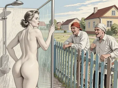 This is is a detailed monochromatic pencil drawing in a classical illustrative style depicts a scene set in USSR in 1950s, bright, colorful colors, the suburban area is divided by a fence, one side of the fence a beautiful curvy milf, 40 years old, milf with elegant hairstyle, with seductive faces in outdoor shower stall, (her butt is visible), on the other side of the fence rustic men peasants in simple clothes watching with fun, Vulgar smiles on the peasants men's faces, they tells her lewd things about sex.The overall mood is intense, rendered in fine, expressive line work and subtle shading, evoking the style of 1950s satirical or moralistic illustrations.