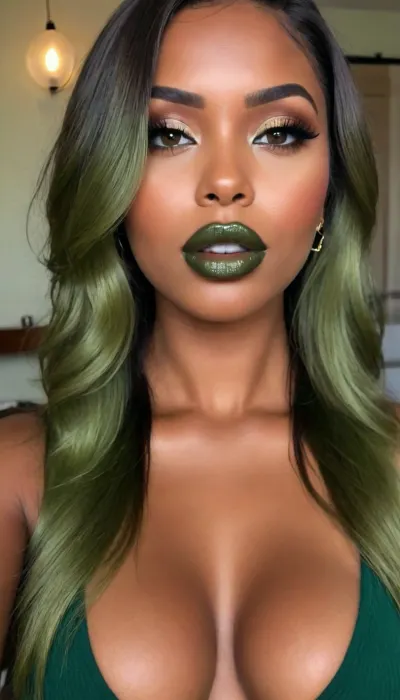 Insanely detailed photo of an 28 years old latin woman, dark skin woman, ((curvy body)), Close-up girl, ((round face)), (((brown skin))), (((full lips))), (((green olive lipstick))), small cute nose, standing, face, (((round medium breasts))), (((straight hair))), (((green olive hair))), (((oiled skin))), (detailed black eyes), (((slut makeup))), round nose earrings, nose earrings, green necklace, (high resolution image), (perfect face), sexy, beauty, (ultra realistic:1.7), (maximum quality:1.5), (high resolution:1.7), (extreme detail:1.5), (ultra realism:1.6), 8k, he, photo was taken by Canon Eos, (maximum detailed skin:1.6), (((I was offended))), melanin, <lora:BUT_SDXL_SHS:.8>, <lora:melanin-XL:2>