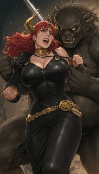 Claudette Vance from queen's blade series, iconic black outfit, sweating, crying, wet body, ultra detailed, she's suffering, high resolution, teeth clenched, uncensored, hyper-detailed outfit, Oda non style and azasuke wind art style, oda_non art style and azasuke_wind art style, ge., sword broken, a fat monsters, fighting against a monster, large movement, punch, defending herself, struggling, trying to escape, <lora:add-detail-xl:2>, <lora:shinkiro_XL_v2:2>, <lora:style61-a31-000015:2>