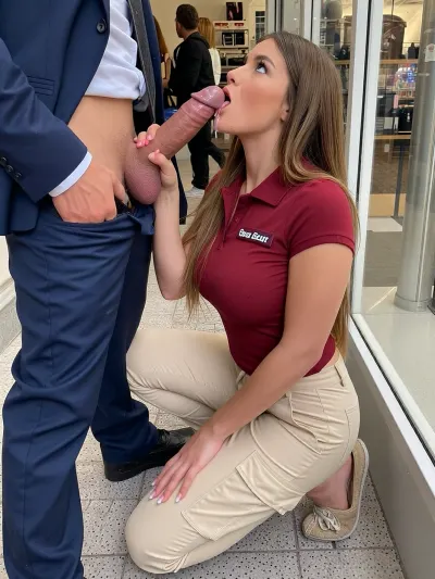 A bustling department store. An attractive, voluptuous, and very sexy young woman is kneeling beside a customer near the shop window. She is wearing the store uniform, a tight burgundy polo shirt, tight beige cargo pants, and espadrilles. The customer is wearing an expensive business suit. His trousers are unzipped, revealing a large, erect, circumcised penis, the shaft and glans are glistening with copious amounts of saliva. She is looking up at the ceiling. The penis is in her mouth.

Other customers are in the store.