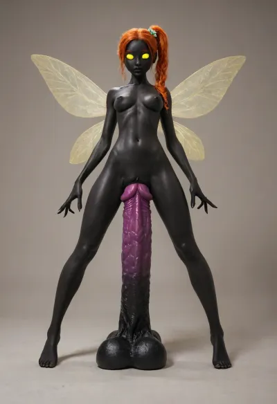(old milf:1.11), tiny odd little pixie, long spindly arms and mantis-like proportions, no pupils, glowing eyes, anime style, black skin, f/1.4 lens, bokeh, tiny Daisy fairy princess, insect wings, see-through gossamer, in heat, in a video game, bombshell hair, glowing ginger hair, side ponytail, handstand, (((Giant pussy BlackDildo))), hyper massive huge extreme insane pussy dildo, extreme pussy insertion, Largest dildo possible, huge pussy toy, full body view, skinny small body, Tiny body, extremely wide dildo too big for futa and stretches pussy to breaking point, hyper extreme dildo wider than her thigh, pussy dildo, extreme insertion, hyper insertion, Biggest dildo imaginable, show full body in view, <lora:EnvyPixieXL01:.8>