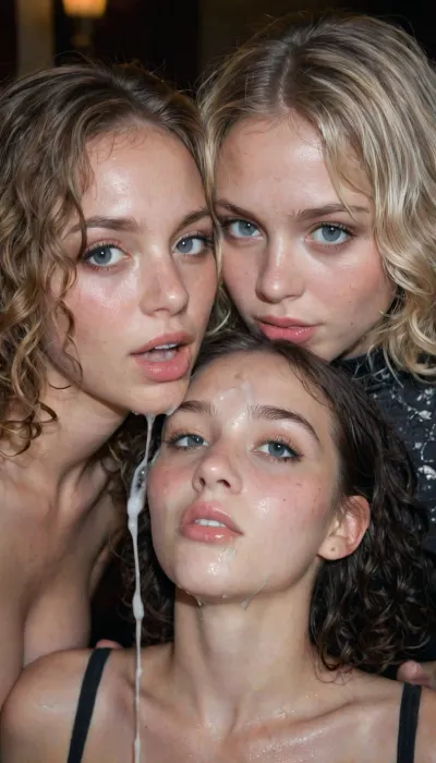 homemade picture, two very cute students, 18 years old girls, very innocent, ((one goth girl and one curly blonde girl)), (their faces are covered in thick white cum from multiple facial cumshots), huge amounts of cum on their faces, their mouths are open and full of cum, wet, soaked, wet hair, cum in hair, dark room, extreme detail, Canon EOS 5D Mark II, kodak, flash, photo, <lora:Penis_XL:2>, <lora:xdlx_style:2>, <lora:sdxl_darkflash_v6-000060:2>