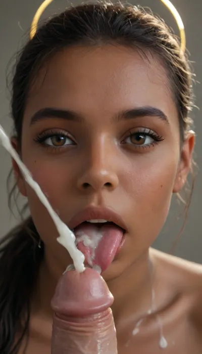 18yo girl, nude, jamaican, (beautiful face), black hair, long hair, (ponytail:1.3), brown eyes, (looking at viewer:1.2), (close up view of tongue licking tip of penis:1.2), (close up view:1.4), (lust:1.2), open mouth, (ejaculation:1.4), excessive cum, (cum spraying up:1.3), (dark background:1.4), (backlight, halo), (penis grab), (large breasts:1.4), melanin, <lora:melanin-XL:.8>