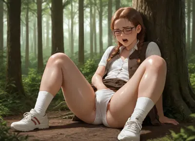 photorealistic, high quality, woman, (brown braids), freckles, glasses, flat chest, (plump:1.1), dirty, (vest, buttoned shirt, skirt, socks, sneakers), (white sports underwear), (hand in panties), (in forest), masturbating, screaming, orgasm, legs spread wide, (full body), (trembling:1)