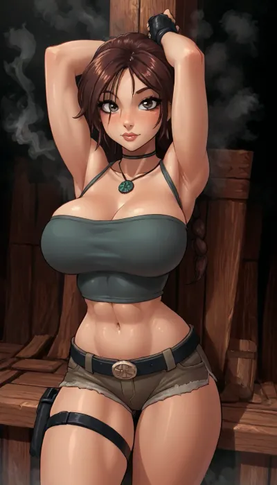 (innv meets jack cayless style), (reiq style, masterpiece, cel-shaded, limited color palette), ((Beautiful Muscles Sexy Lara Croft from tomb raider game body:1.4)), (1girl, solo, alone, 21 year old woman), (gorgeous, seductive face, perfect ads, perfect big breast, muscles are well defined, muscles body, muscles arms, perfect hands, muscles legs, big ass, sweaty body), (tight green tank top), (light brown denim shorts), (fingerless gloves), (shoulder straps), (tactical equipment belt), (tall white socks), (black calf-high boots), (standing pose), (steam, wood, smoke, sauna background), ultraviolet light, LoL, Style, Lara, Croft, tr4d1t10n4l, F1nn1sh, s4un4, <lora:LCMTurboMix_Euler_A_fix:2>, <lora:mk_Bp Anime_xl:2>, <lora:EnvyBeautyXL02:2>, <lora:lara_croft_xl_v2:2>, <lora:tr4d1t10n4l_F1nn1sh_s4un4:.8>
