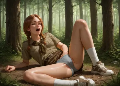 photorealistic, high quality, woman, (brown braids), freckles, flat chest, (athletic), dirty, (scout uniform, skirt, socks, sneakers), (grey panties), (hand in panties:1), (in forest), (lying on grass), masturbating, (screaming:1.1), happy, excited, orgasm, legs spread wide, knee up, (dripping juices:1)