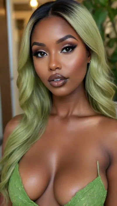 Insanely detailed photo of an 28 years old latin woman, dark skin woman, ((curvy body)), Close-up girl, ((round face)), (((brown skin))), (((full lips))), (((green olive lipstick))), small cute nose, standing, face, (((round medium breasts))), (((straight hair))), (((green olive hair))), (((oiled skin))), (detailed black eyes), (((slut makeup))), round earrings, green necklace, long big thick, (high resolution image), (perfect face), sexy, beauty, (ultra realistic:1.7), (maximum quality:1.5), (high resolution:1.7), (extreme detail:1.5), (ultra realism:1.6), 8k, he, photo was taken by Canon Eos, (maximum detailed skin:1.6), (((I was offended))), melanin, <lora:BUT_SDXL_SHS:.8>, <lora:melanin-XL:2>