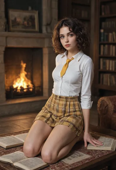 dslr, highest quality, masterpiece, photorealistic, detailed skin texture, (highly detailed hair), extremely detailed, soft focus, ultra-detailed, ultra realistic face, ultra-realistic, realistic, hyperrealistic, ****************************************** Masterpiece, best quality, high definition, perfect illumination, finely detail, highly detailed face, highly detailed body, best lighting, best shadows, intricate detail, high quality, colored, ******************************************************* barely legal 18yo girl, (((brown wide-open eyes))), ultra breasts, accurate tits, anorexic, slim hips, extremely skinny, gaunt, full body, (((medium hair, curly hair, messy hair))), (beautiful), pale skin, ************************************************, magic wand stick in left hand, ((well dressed, dressed up)), ((at night, darkness, late night, dark light, low-light)), (ancient medieval library with bookshelf in view and books stacked on tables, blackout curtains, nearby burning fireplace, vintage book nearby), (Hogwarts uniform, knee-length tartan red-yellow skirt, white blouse, red-yellow tie, no panties, no underwear), laying back on couch