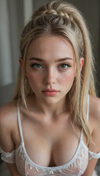 Lillie from Pokémon, blond hair, hight long ponytail, brown eyes, detailed face, round face, freckles, large round eyes, sexy eyeliner, open eyes, long eyelashes, extremenly beautiful woman, gorgeous, wet, front view, looking at viewer, restrained, large hoop earings, body, legs, ultra figure, green eyes, big sagging natural massive boobs, fully dressed, boobs are under, fishnet stocking, tatoo, busty, soaked clothes