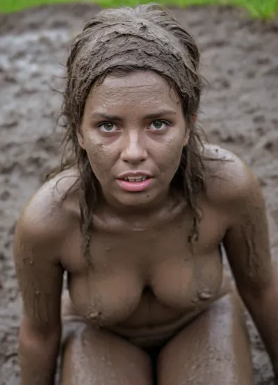 soft colors, pastel colors, natural lighting, soft shading, realistic, long hair, bangs, messy makeup, nude, tired, slight smile, ((lots of tattoos)), laying on side, horizontal, detailed face, detailed lips, (Full belly:1.1), (Big saggy Breasts), (Fat ass, hyper_thighs, hyper_hips, (curvy), bottomheavy, (hips_wider_than_shoulders), obese, huge fat belly, fat arms, fat face, fat thighs, ((mud swamp)), ((((completely covered with mud, hair are completely covered with mud, face is completely covered with mud, body is completely covered with mud, clothes are completey coverd with mud)))), (((thick, sticky, liquid mud on her head:1.9))), (((sticky clumps of mud on her face:1.9)))), (((hair is completey soaked with liquid mud))), mud swamp