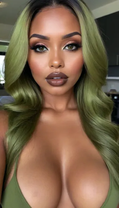 Insanely detailed photo of an 28 years old latin woman, dark skin woman, ((curvy body)), Close-up girl, ((round face)), (((brown skin))), (((full lips))), (((green olive lipstick))), small cute nose, standing, face, (((round medium breasts))), (((straight hair))), (((green olive hair))), (((oiled skin))), (detailed black eyes), (((slut makeup))), round earrings, green necklace, long big thick, (high resolution image), (perfect face), sexy, beauty, (ultra realistic:1.7), (maximum quality:1.5), (high resolution:1.7), (extreme detail:1.5), (ultra realism:1.6), 8k, he, photo was taken by Canon Eos, (maximum detailed skin:1.6), (((I was offended))), melanin, <lora:BUT_SDXL_SHS:.8>, <lora:melanin-XL:2>