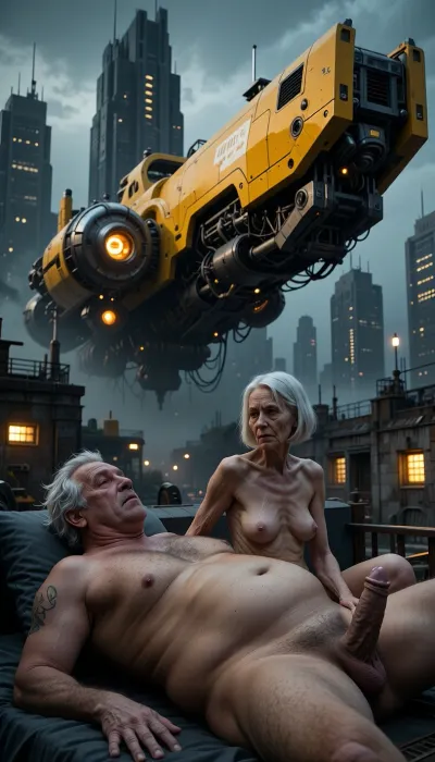 In an outdoor bedroom, an old obese man with a very enormous belly and dishevelled white hair lies on his back. His penis is erect. A naked elderly woman, 90 years old. Her skin is that of a woman her age, deeply wrinkled, (small, long, sagging breasts, thin skin), . She has a bob haircut. cinematic sci-fi concept art, a massive industrial spacecraft with a bold yellow upper hull and dark metallic mechanical detailing, hovering between towering dark monolithic skyscrapers, gritty cyberpunk atmosphere, moody foggy environment, atmospheric depth, cinematic lighting, warm glowing orange lights from the ship and city buildings, high level of detail, complex mechanical greeble, intricate textures, masterpiece, hyper-realistic, 8k resolution, trending on ArtStation, sharp focus, industrial design, dark aesthetic with vibrant yellow highlights.