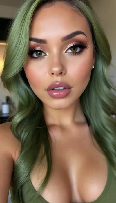 (1woman), 28 years old, ((curvy body)), Close-up girl, latin woman, ((round face)), (((brown skin))), (((full lips))), grey lipstick, closed mouth, small cute nose, standing, face, (((round medium breasts))), (((flat long olive green hair))), (((oiled skin))), (detailed black eyes), (((slut makeup))), long big thick, (high resolution image), (perfect face), sexy, beauty, (ultra realistic:1.7), (maximum quality:1.5), (high resolution:1.7), (extreme detail:1.5), (ultra realism:1.6), 8k, he, photo was taken by Canon Eos, (maximum detailed skin:1.6), (((I was offended))), melanin, <lora:BUT_SDXL_SHS:.8>, <lora:melanin-XL:2>