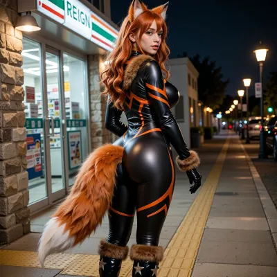 highly detailed photorealistic photograph of a young woman with long wavy bright red hair cascading down her back, cute soft face with big expressive eyes looking to the side, standing outside a convenience store at night on a yellow tactile paving sidewalk

exact pose, standing in profile facing right, weight on both feet, one hand slightly raised holding a small dark object, back arched, hips pushed back, full body visible from head to toes

body details strongly emphasized, extremely narrow wasp waist, thick round full ass, large plump heavy breasts filling the tight suit, athletic yet curvy figure

clothing and features, tight shiny black and orange patterned full-body catsuit with geometric lightning designs, fluffy brown fur trim around the neck, wrists and ankles, large fluffy orange fox tail with white tip attached at the lower back, matching fluffy fox ears on top of her head, (no helmet), black gloves, shiny black boots with star details and fur cuffs

camera angle, three-quarter side-rear view from slightly below, focused on her profile, narrow waist, thick round ass and fox tail, soft night lighting from store windows and street lamps

environment, nighttime outside a lit convenience store with glass doors and “REIGN” sign, stone wall, yellow sidewalk, urban street setting

technical quality, 8k ultra-realistic photograph, sharp focus on skin-like suit texture, fur details of the fox tail and ears, realistic anatomy of the thick ass and plump breasts, natural glossy sheen, cinematic night lighting, masterpiece, best quality, highly detailed body and costume