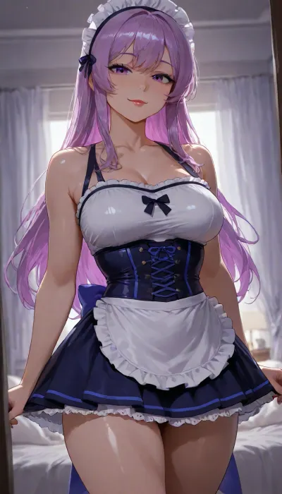 (oblique angle, Focus on cute dynamic pose highlighting her body curves), (((PUrple and blue French maid costume athlete skirt corset dress covers firm breasts but has a short hem, lithe fit athletic body))), ((firm medium breasts)), purple blue goth babe, (cute blue forest), ((sultry bitchy smile)), Dark eyeliner, long eyelashes, Purple eyeliner, red lipstick, 25 years old cutie, muscular toned fit girlfriend, (short petite height), warm strong lighting, thick blue eyeliner, strong athletic firm tits, neon green lovehotel, LHbedpanel, <lora:Lovehotel_SDXL_V1:.8>