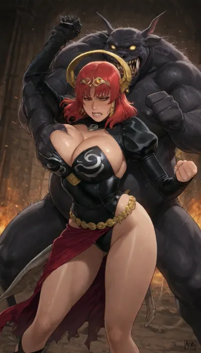 Claudette Vance from queen's blade series, iconic black outfit, sweating, crying, wet body, ultra detailed, she's suffering, high resolution, teeth clenched, uncensored, hyper-detailed outfit, Oda non style and azasuke wind art style, oda_non art style and azasuke_wind art style, ge., sword broken, a fat monsters, fighting against a monster, large movement, punch, defending herself, struggling, trying to escape, <lora:add-detail-xl:2>, <lora:shinkiro_XL_v2:2>, <lora:style61-a31-000015:2>