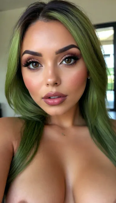 (1woman), 28 years old, ((curvy body)), Close-up girl, latin woman, ((round face)), (((brown skin))), (((full lips))), green olive lipstick, closed mouth, small cute nose, standing, face, (((round medium breasts))), (((flat long olive green hair))), (((oiled skin))), (detailed black eyes), (((slut makeup))), round earrings, green necklace, long big thick, (high resolution image), (perfect face), sexy, beauty, (ultra realistic:1.7), (maximum quality:1.5), (high resolution:1.7), (extreme detail:1.5), (ultra realism:1.6), 8k, he, photo was taken by Canon Eos, (maximum detailed skin:1.6), (((I was offended))), melanin, <lora:BUT_SDXL_SHS:.8>, <lora:melanin-XL:2>