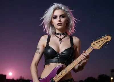 Beautiful sexy 30 year old white hair tall woman, gothic look, muscular body, full size portrait from head to toes, playing guitar on scene in a hard rock music festival, nice dark makeup, exquisite purple eyes, long eyeslashes, messy hair with some spikes of hair in front of her face, front view from below, magnetic face, long thin beautiful nose, nice huge boobs, lots a tatoos, wearing a pair of ripped purple jean, wearing a torn purple tank top, standing on scene playing electric guitar, full moonlight in the sky, wearing gothic style necklace and lots of ethnic leather bangles, beautiful very thin hands with very long fingers, stylish purple nails, perfect fingers, (crop, top:1), g0th1cxl, glowing, neon, G0rg30us, B34uty, girl, eclipse, glow, expression, <lora:g0th1cXL:.9>, <lora:Picture_enhancer:1.7>, <lora:Gorgeous_Beauty:2>, <lora:HandFineTuning_XL:2>, <lora:pizzolato_sdxl:1.1>