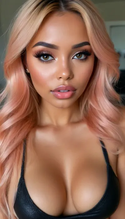 (1woman), 28 years old, ((curvy body)), Close-up girl, latin woman, ((round face)), (((brown skin))), (((full lips))), grey lipstick, closed mouth, small cute nose, standing, face, (((round medium breasts))), (((flat long peach hair))), (((oiled skin))), (detailed black eyes), (((slut makeup))), long big thick, (high resolution image), (perfect face), sexy, beauty, (ultra realistic:1.7), (maximum quality:1.5), (high resolution:1.7), (extreme detail:1.5), (ultra realism:1.6), 8k, he, photo was taken by Canon Eos, (maximum detailed skin:1.6), (((I was offended))), melanin, <lora:BUT_SDXL_SHS:.8>, <lora:melanin-XL:2>